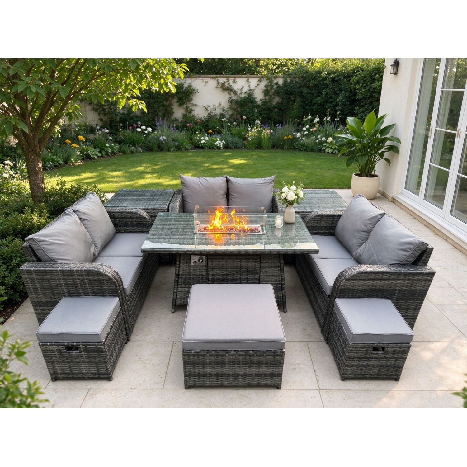 Fimous Dark/Grey Outdoor Rattan Furniture Garden Dining Set Gas Fire Pit Table With 2 Side Tables Love Sofa 3 Footstools Mixed - Image 2