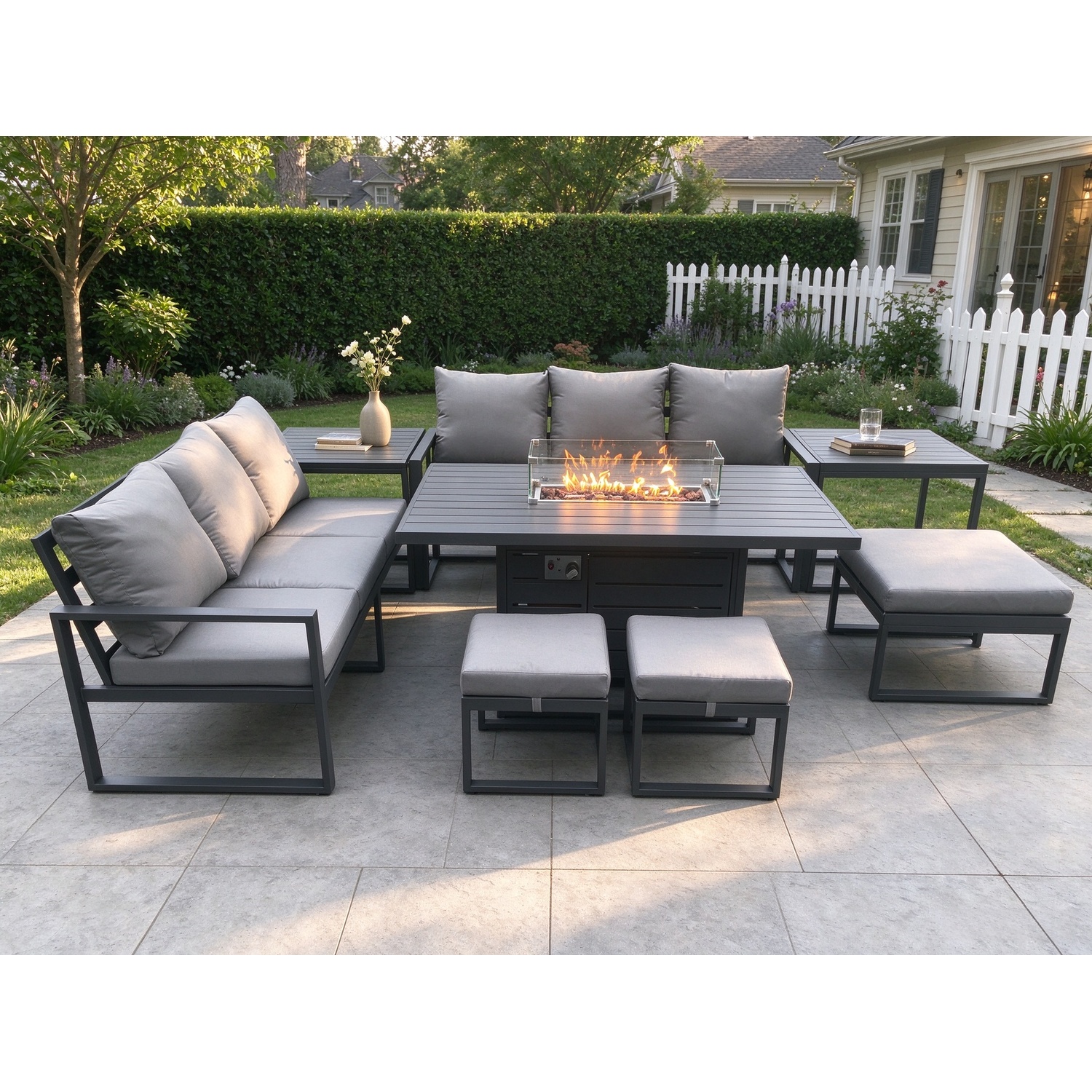 Fimous Aluminium Outdoor Lounge Sofa Garden Furniture Sets Gas Fire Pit Dining Table Set With 3 Footstools 2 Dark Grey - Image 3