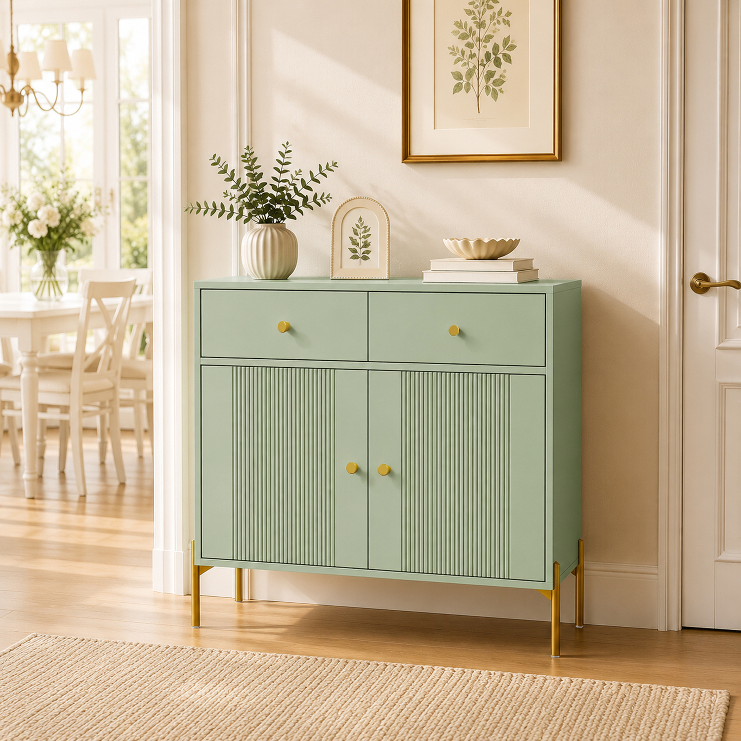 Homcom Unisex Light Green Modern Sideboard With 2 Drawers, And Adjustable Shelf, - Image 4