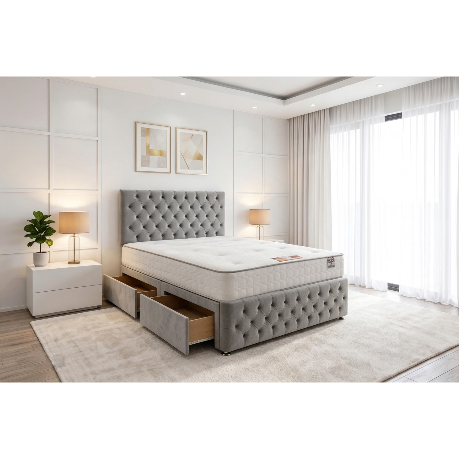 Knight Sleep Delaware Silver Plush 6Ft Princess Sprung Divan Bed Set, 2 Drawers