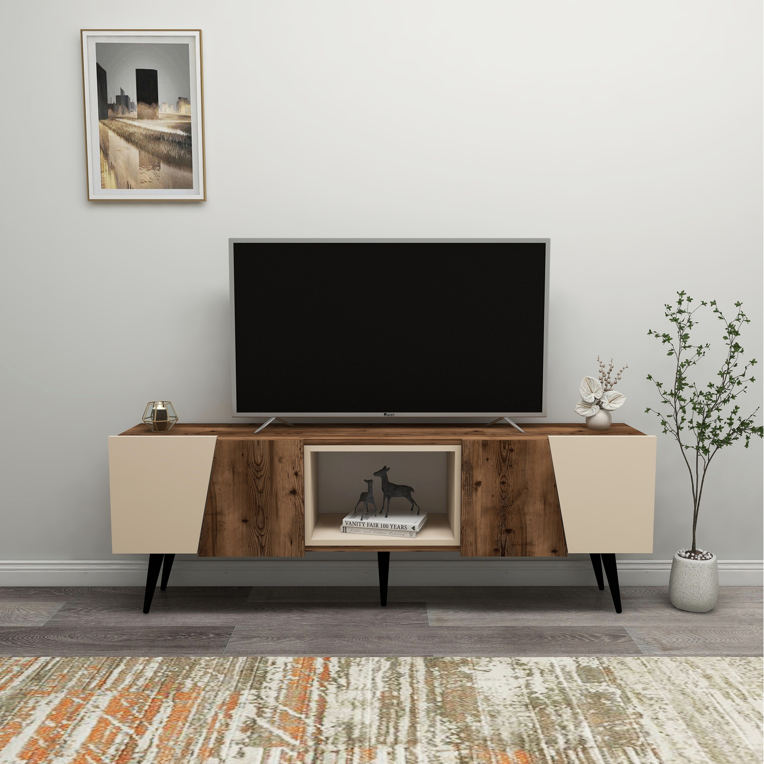 Tv Stand And Media Console Curve - Beige - Light Walnut