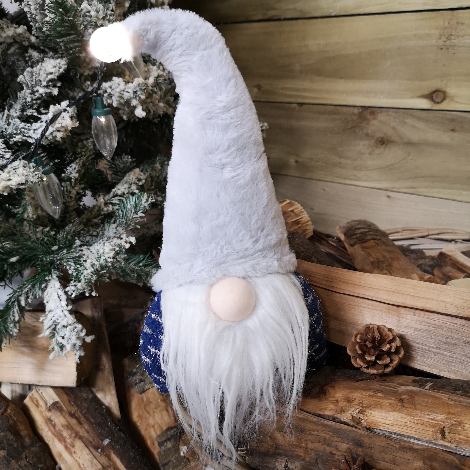 Festive Blue Christmas Sitting Light Up Gonk with Grey Hat - Grey, Blue and White