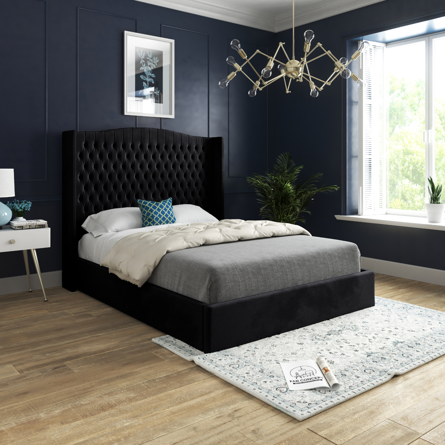 Rana Curved Top Winged Upholstered Soft Velvet Bed Frame - Black Small Single