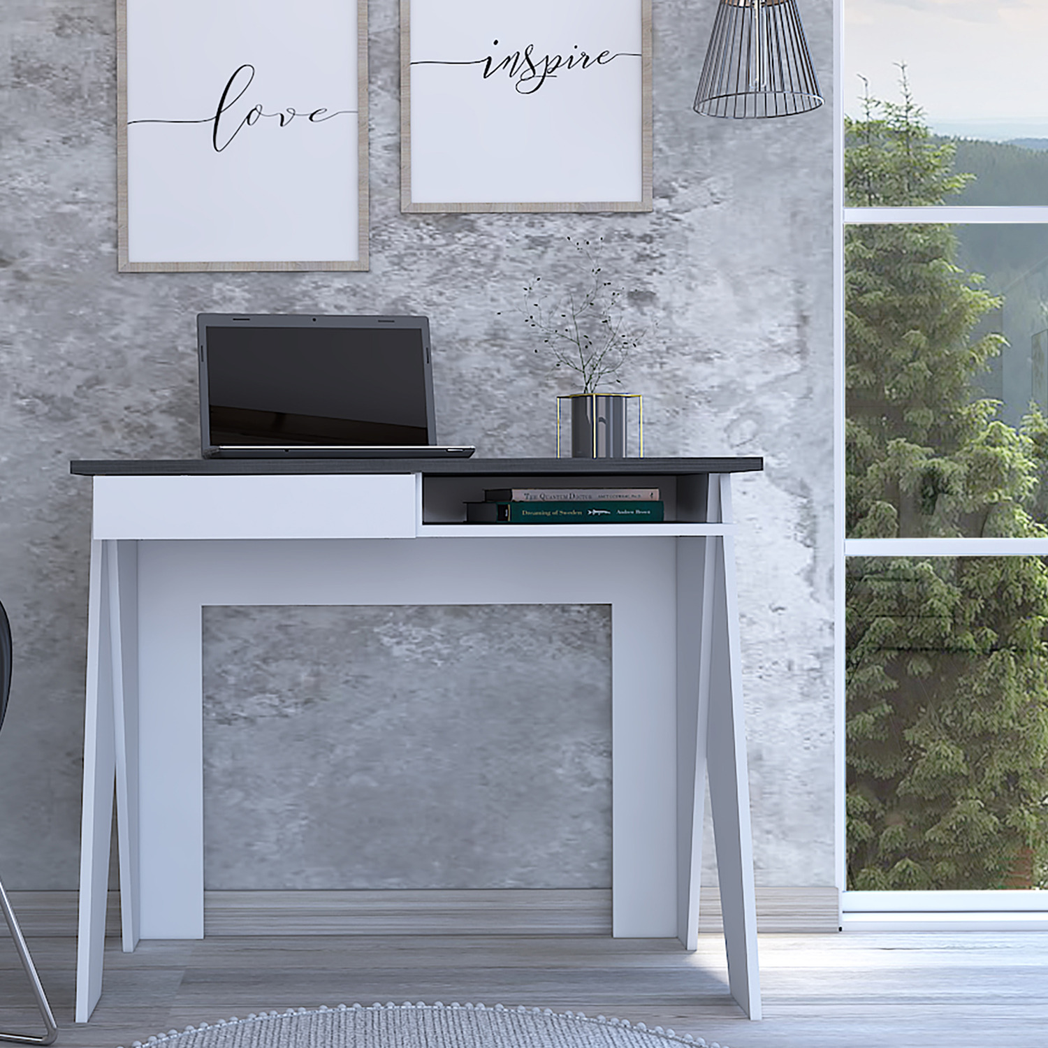 Dallas Home Office Desk With Drawer And Chair Set Dl106 And Lfch28-bk - White Carbon Grey