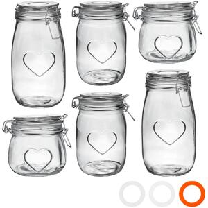 3 Sizes Heart Glass Storage Jars Pack of 6