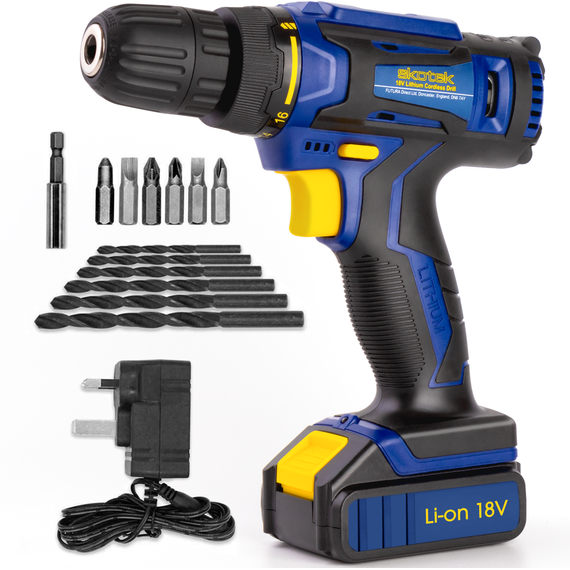 Skotek Cordless Li-Ion 18V Drill Rechargeable 13pc Kit Screwdriver Set