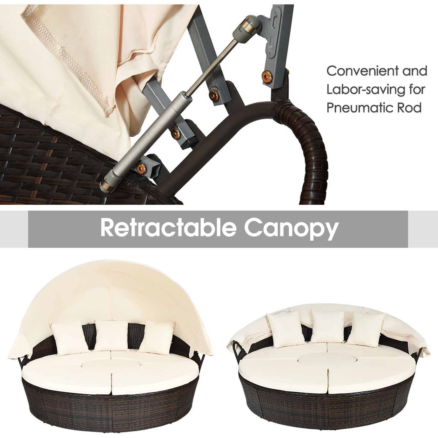 Outdoor Round Daybed With Retractable Canopy - White