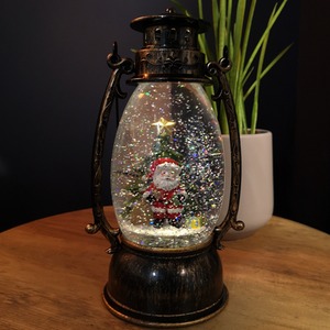 LED Christmas Glitter Water Spinner Antique Lantern Snowy Santa Scene