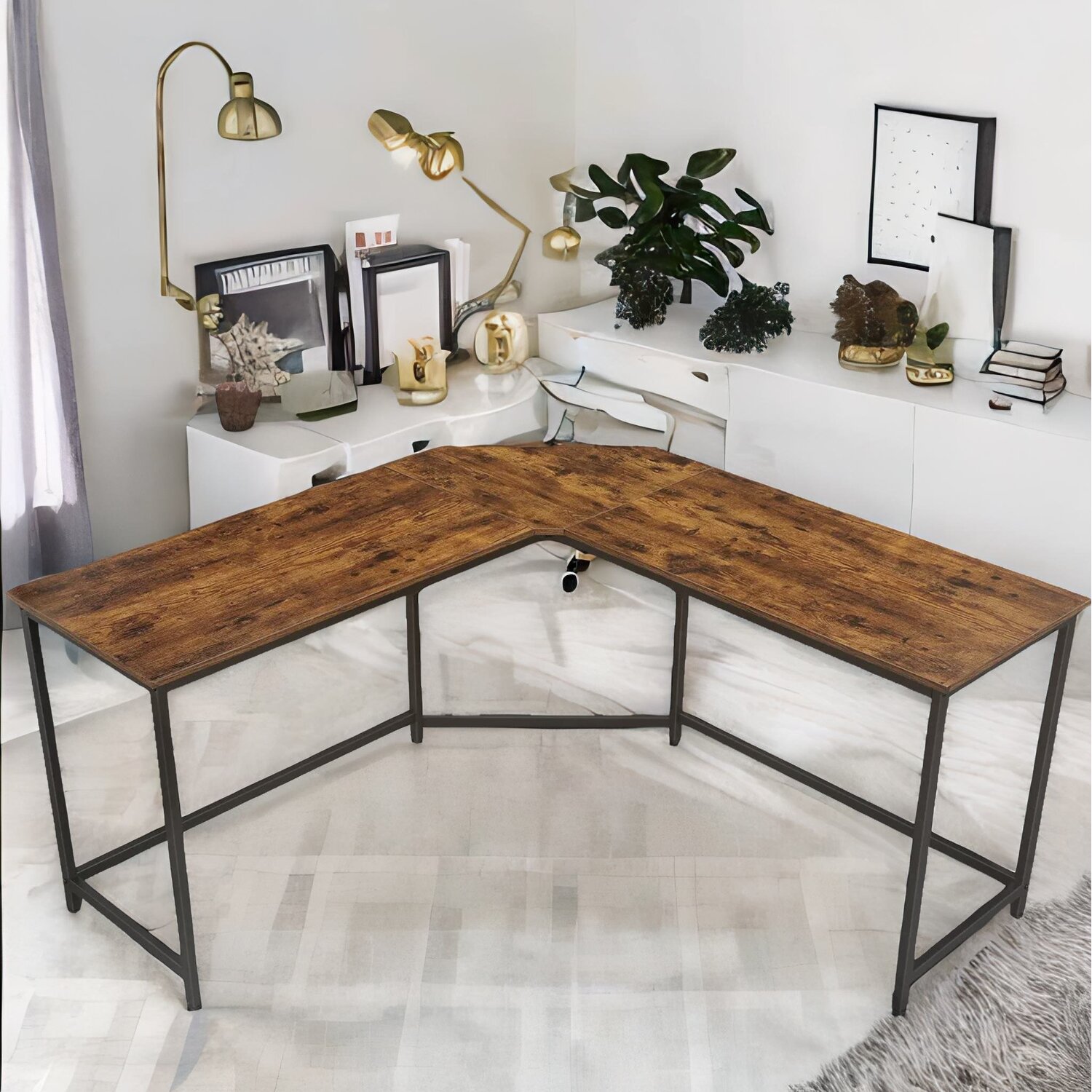 Industrial Rustic L-shaped Corner Computer Desk - Brown