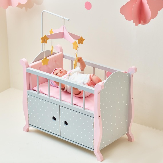 Baby Doll Crib with Storage Star Mobile and Bedding, Grey and Pink