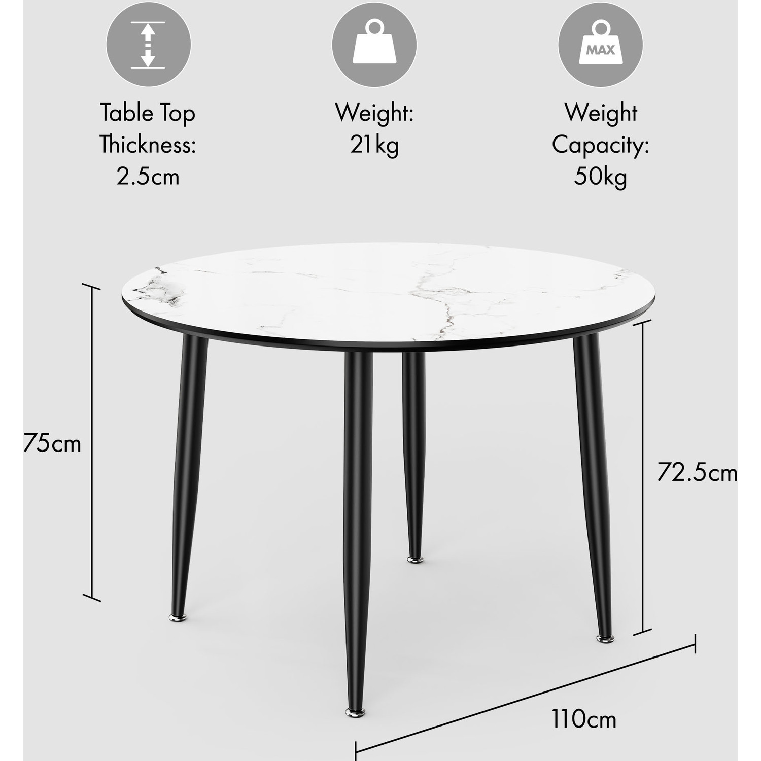 Circular Marble Effect Dining Table With 4 Chairs Set - White Black
