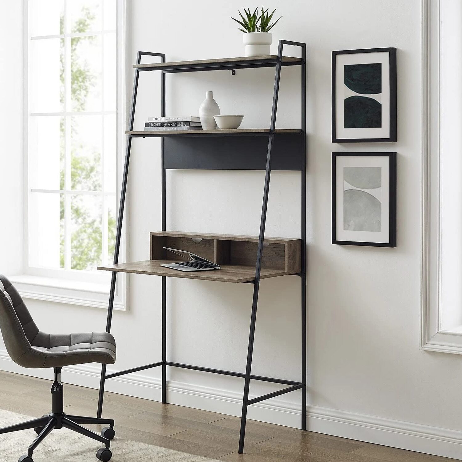 Ladder Computer Desk With Shelves - Grey