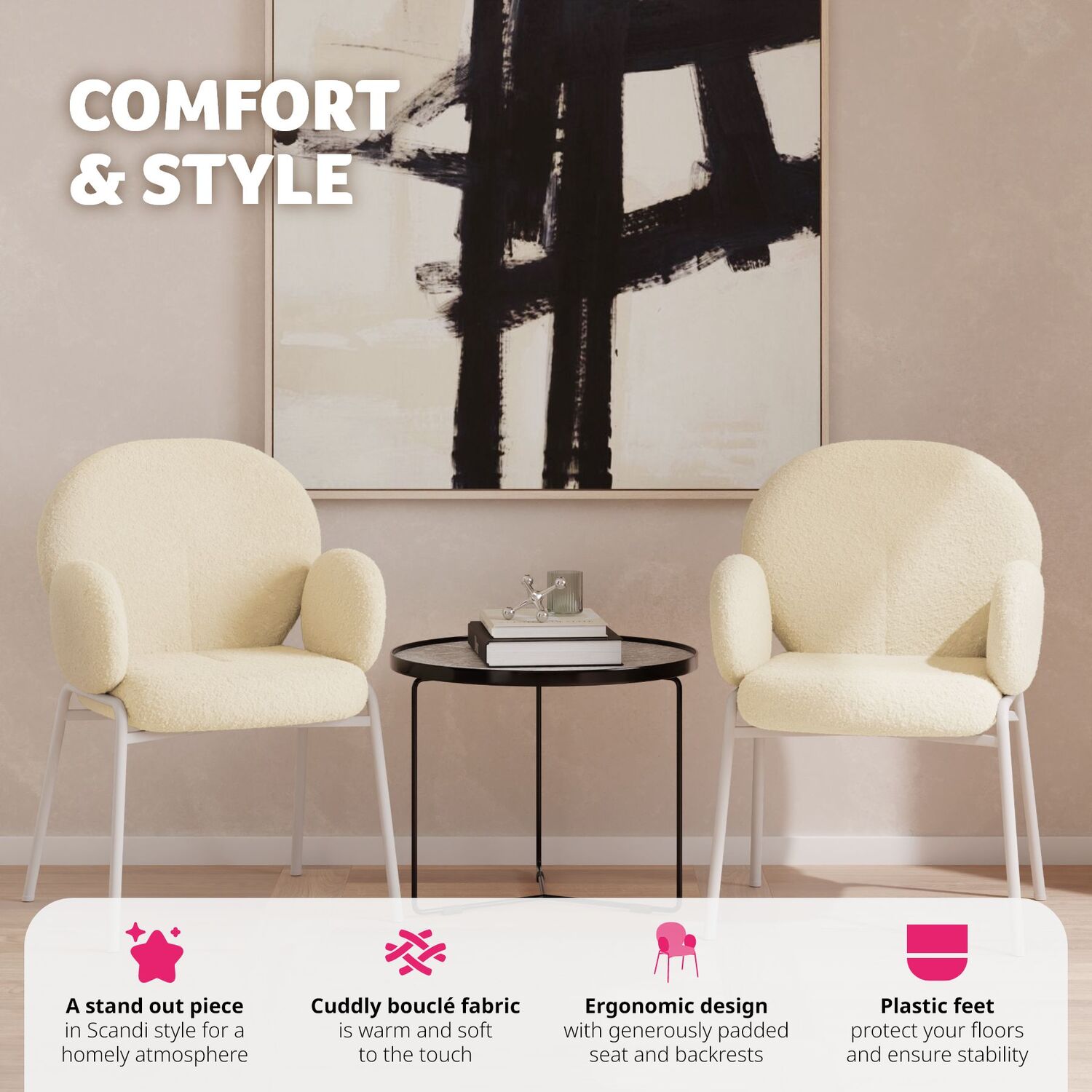 Dining Chair Scandi - Padded Boucle Cover High Backrest - Cream 90cm 2