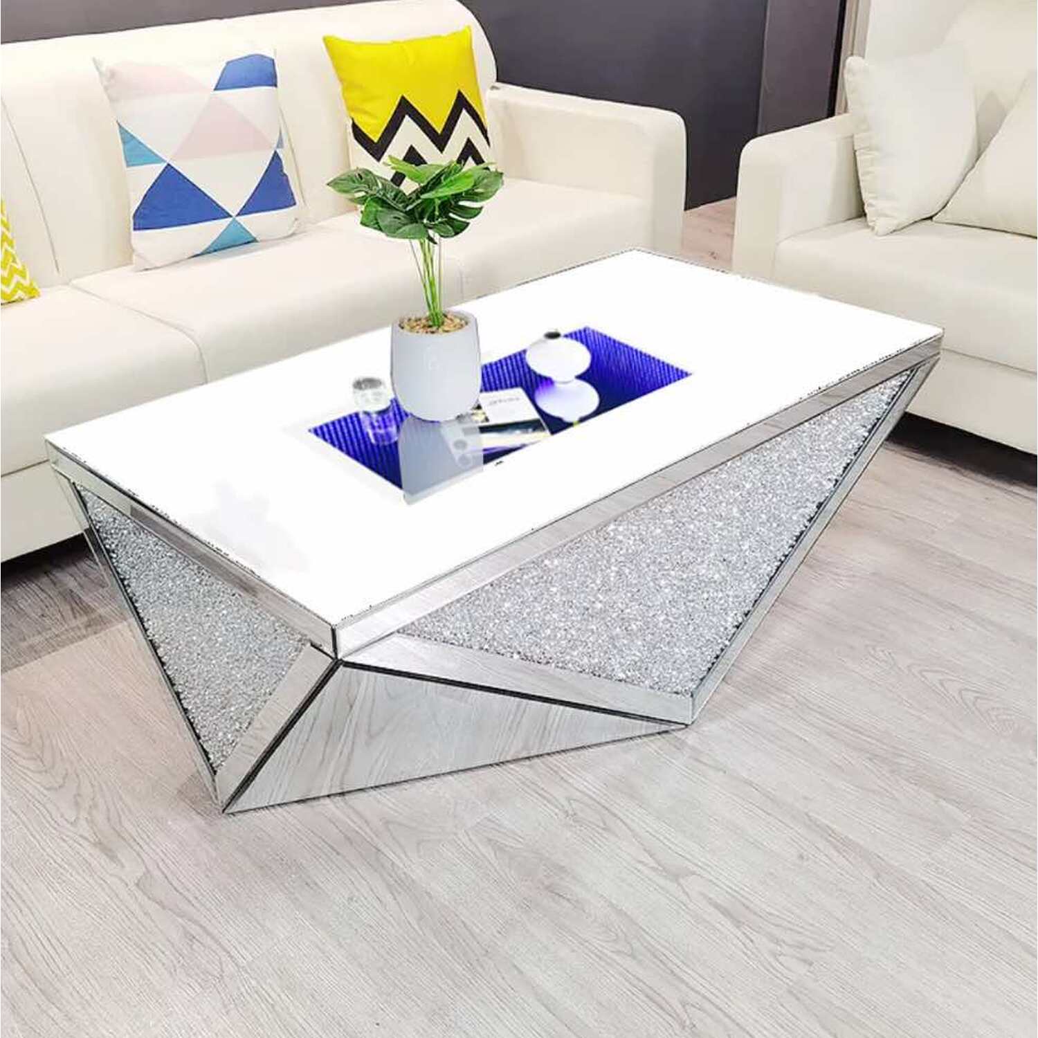 Diamond Crushed Mirror Coffee Table With Led Light - Silver