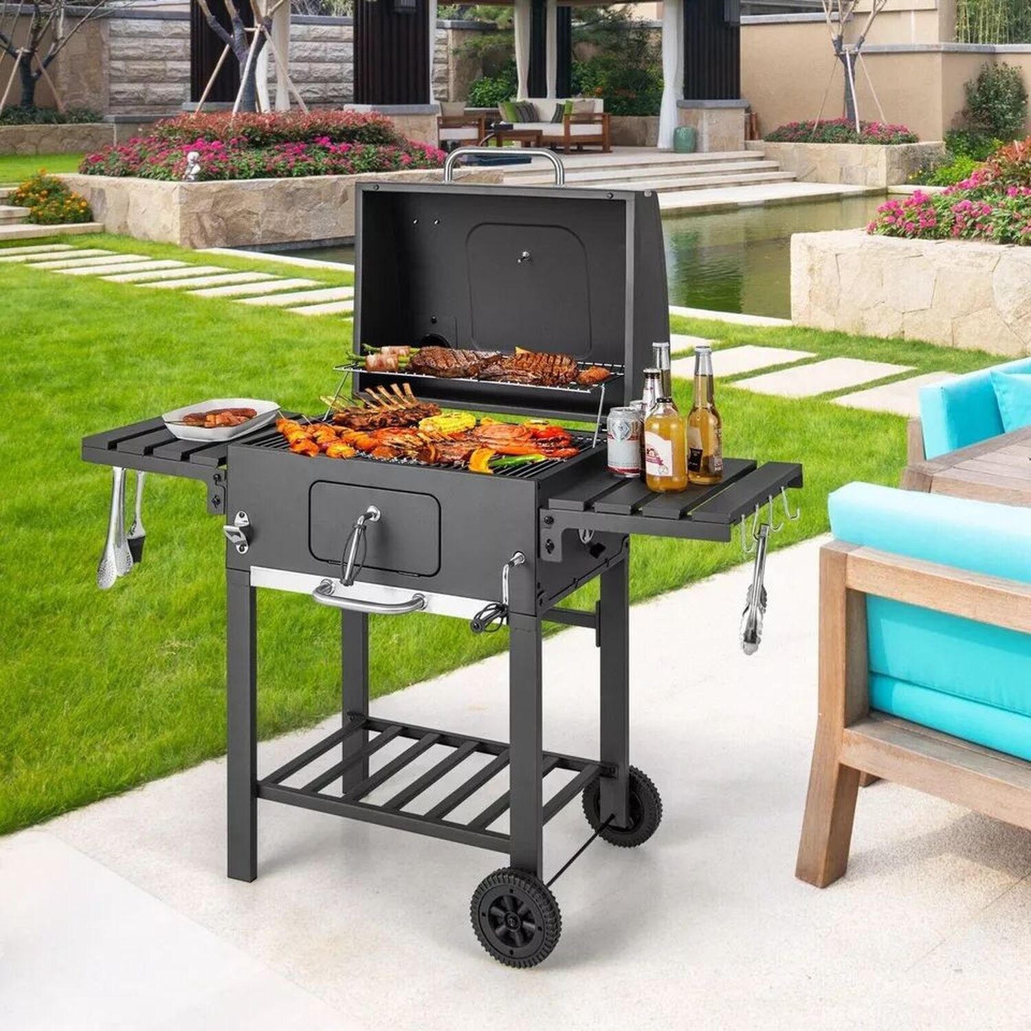 Bbq Smoker With Wheels And 2 Foldable Side Shelves - Black
