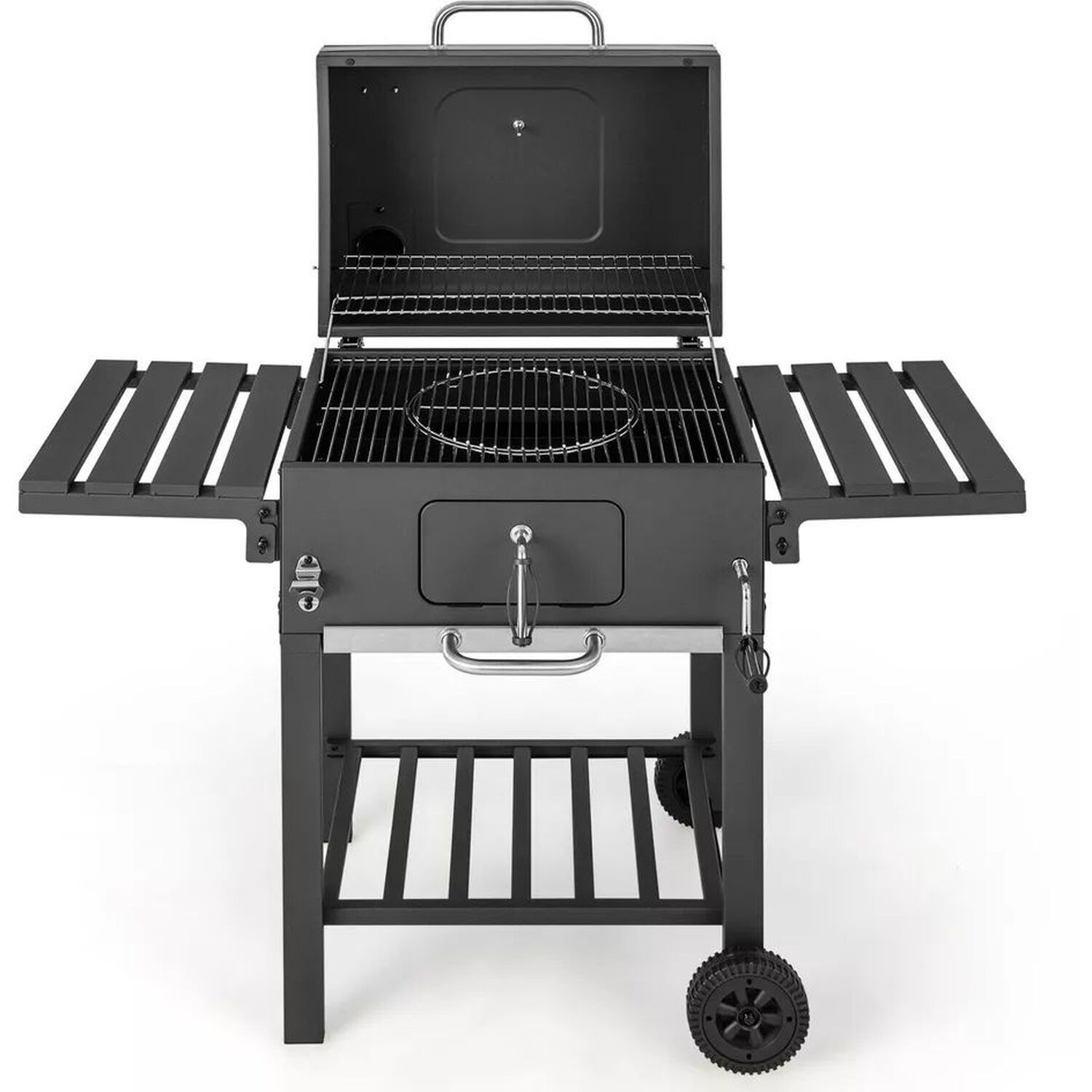 Bbq Smoker With Wheels And 2 Foldable Side Shelves - Black