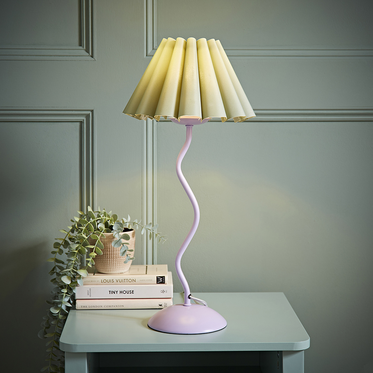Wiggle Pastel Metal Table Lamp with Sage Pleated Tapered Shade and LED Bulb - Purple