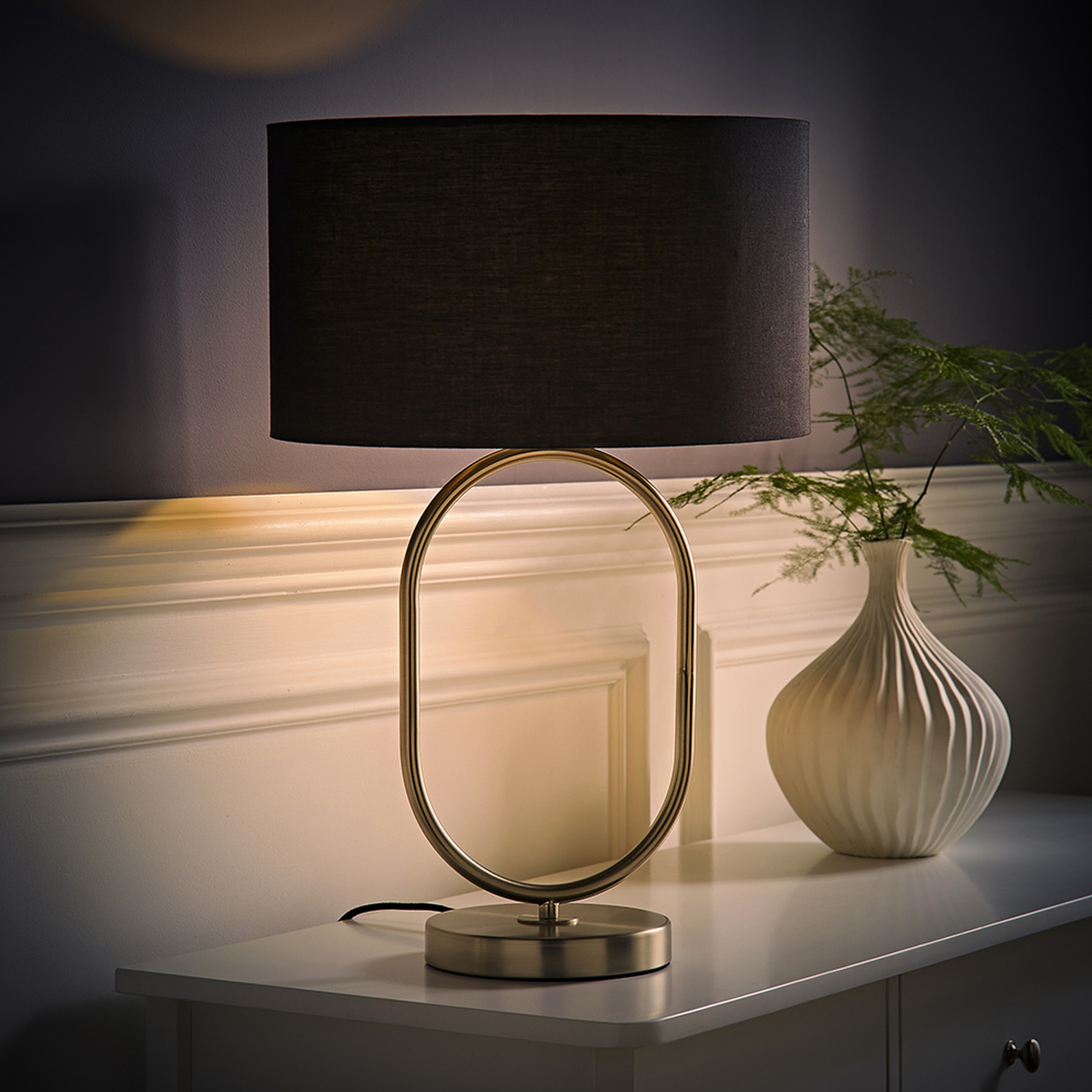 Antonia Brushed Chrome Oval Table Lamp Fabric Drum Shade and LED Bulb - Black