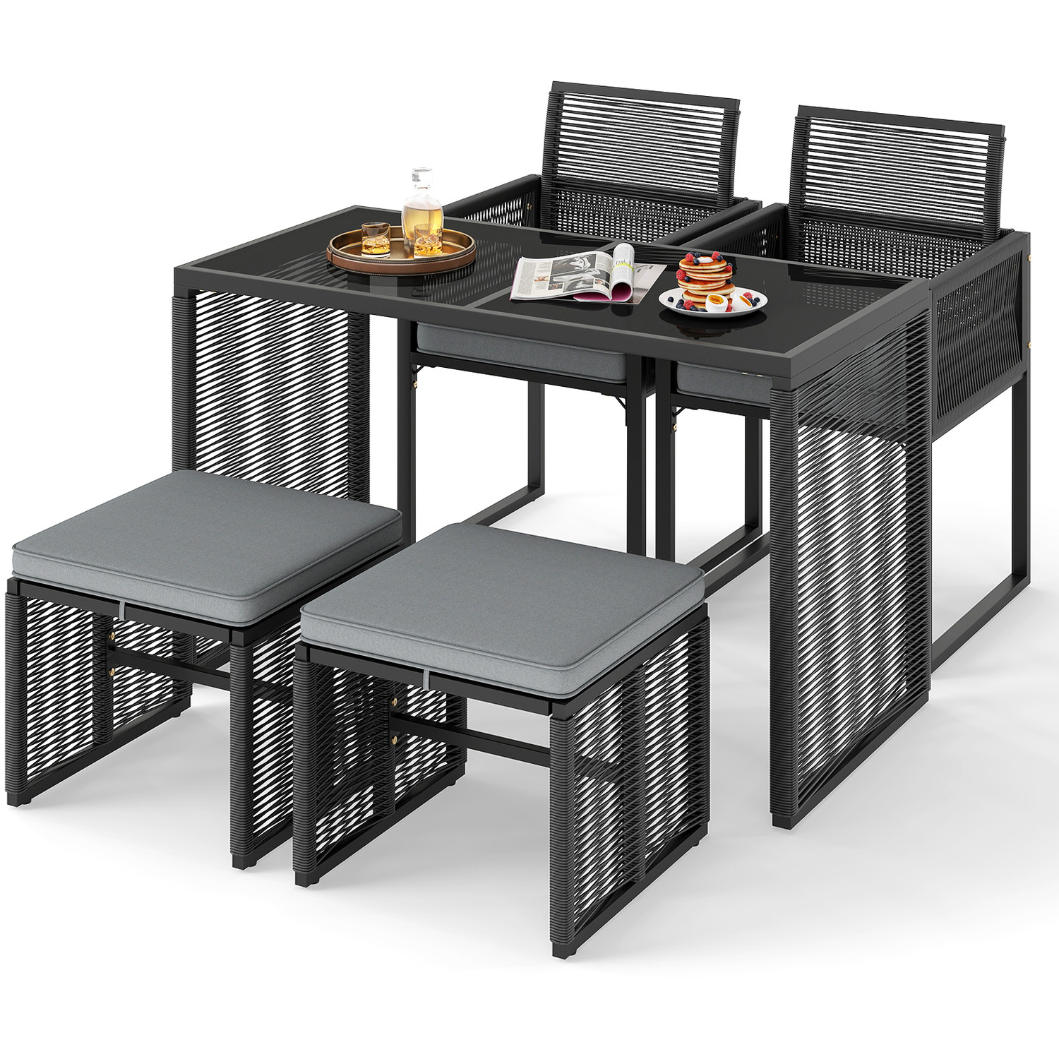 5 Pieces Space-saving Patio Dining Set - Black