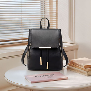Flap-Top Black Faux Leather Backpack