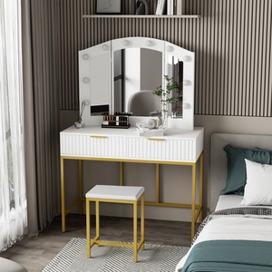 White and Gold Style Dressing Table Set with Mirror