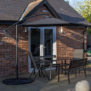 6 Person Glass Table Benches Chairs Black Banana Parasol and Base