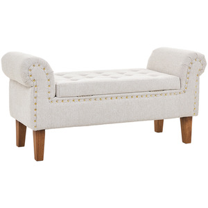 Linen Upholstered Storage Bench with Tufted Seat and Nailhead Trim