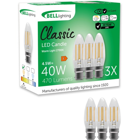 B22 Bayonet Dimmable LED Filament Candle Light Bulbs 4.5W 2700K Warm White