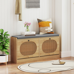 Entryway Rattan Shoe Bench with Cushion