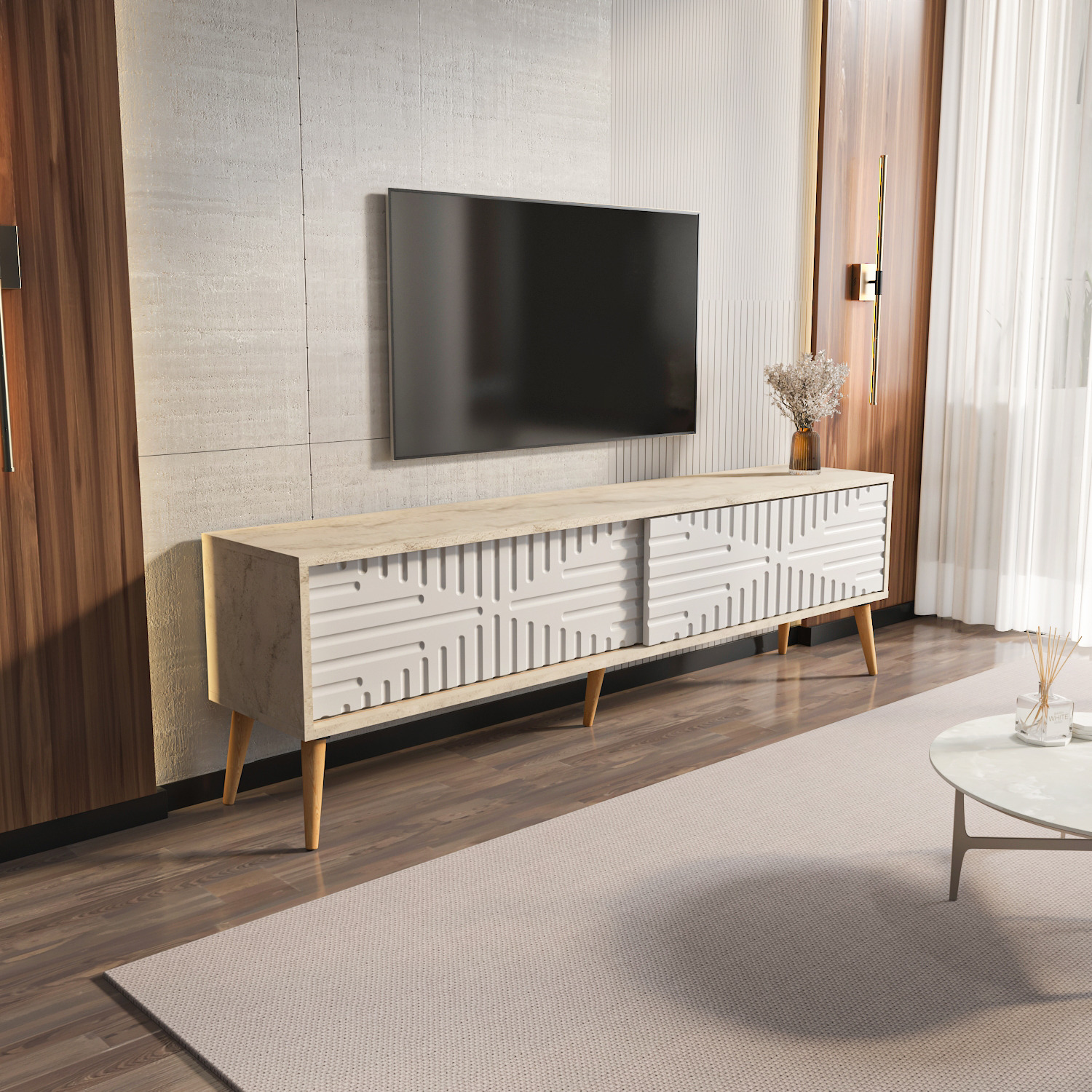 Riso Modern Tv Unit - Walnut And Traverter