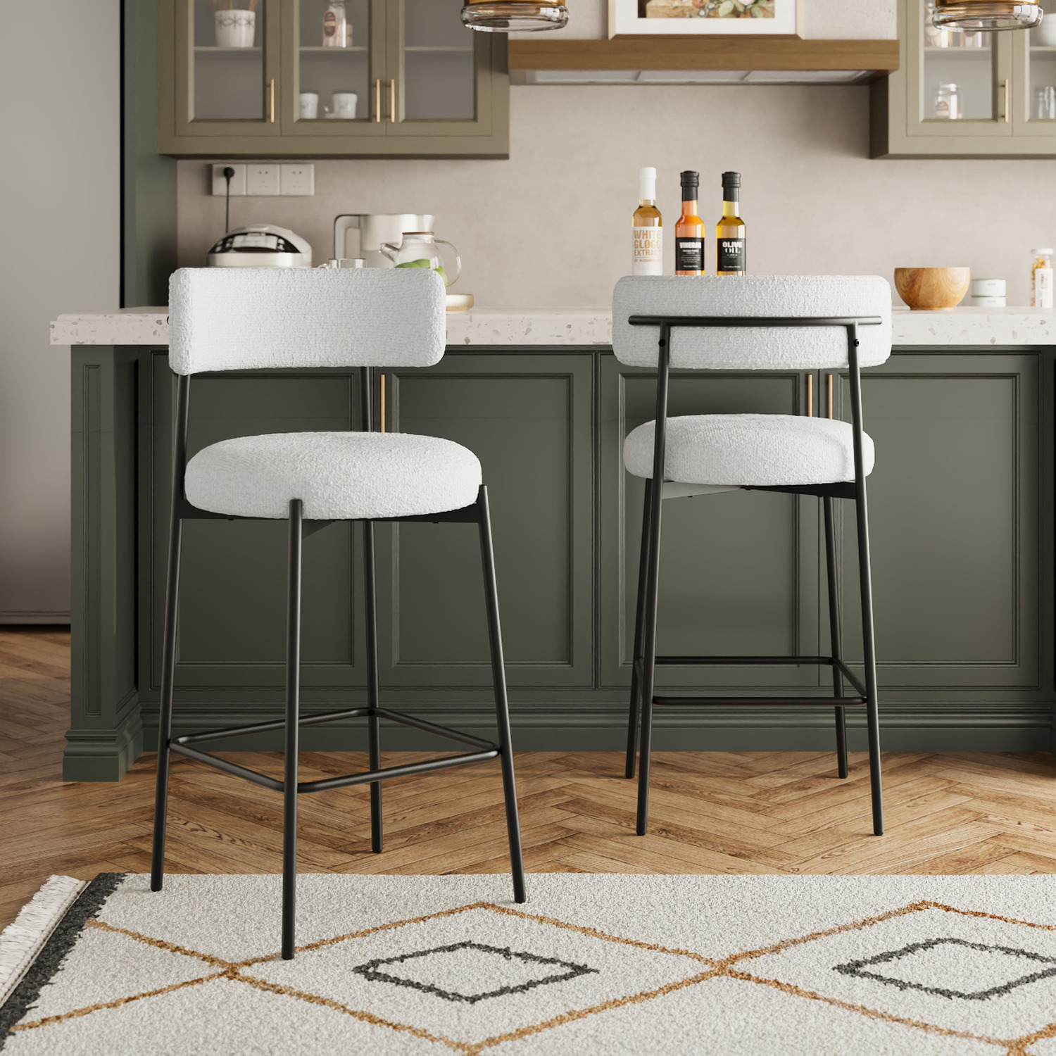 Set Of 2 Modern Bar Stools With Footrest Support - White