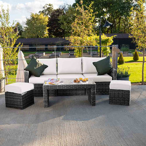 3 Seater Black Rattan Sofa and Stools Set With Coffee Table