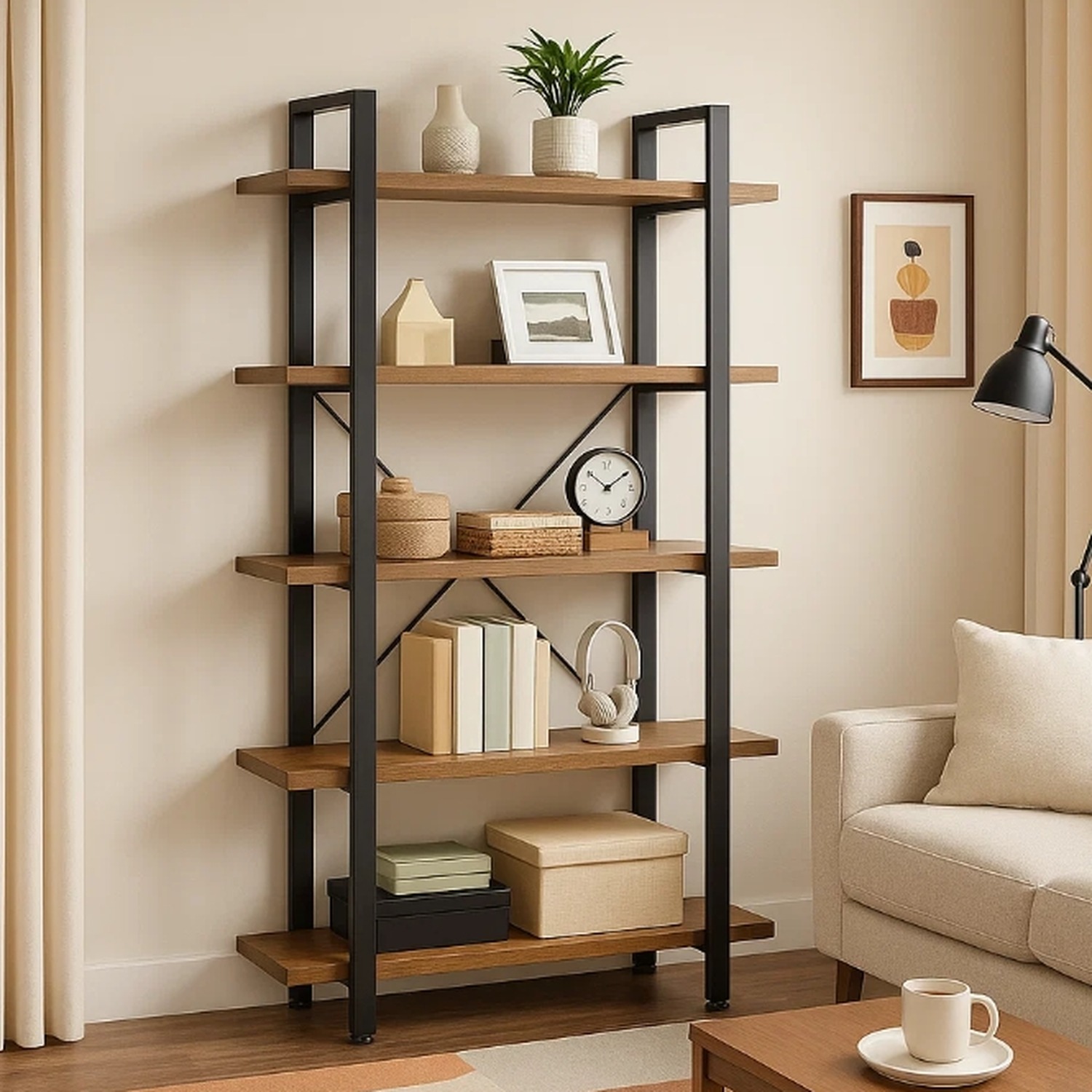 5 Tier Large Ladder Bookcase - Brown