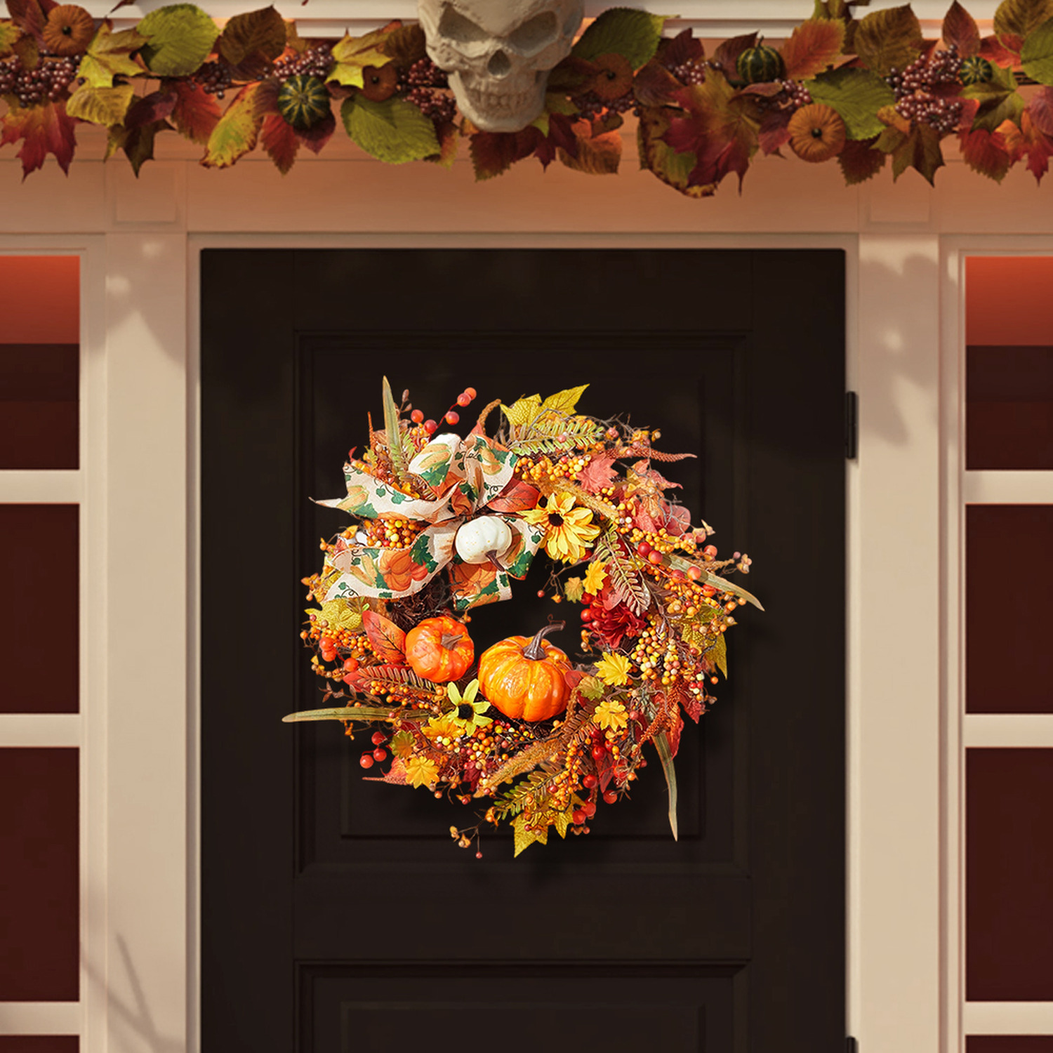 Lifeideas Halloween Artificial Pumpkin Maple Leaves Wreath - Orange