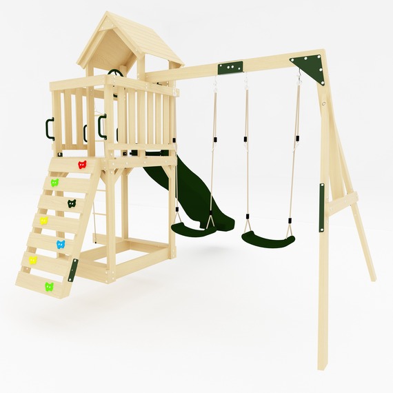GALACTICA Outdoor Wooden 2 Swings and Slide Set, With Rope Ladder 