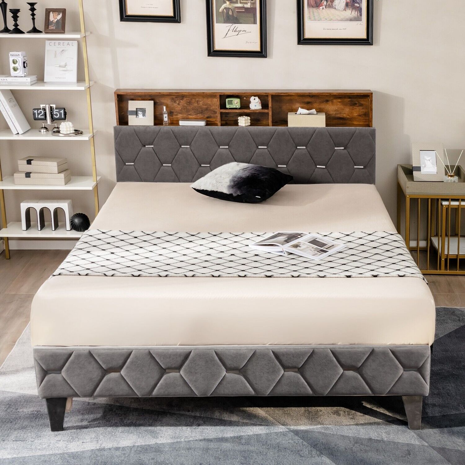 Upholstered Platform Bed With Storage Headboard - Grey