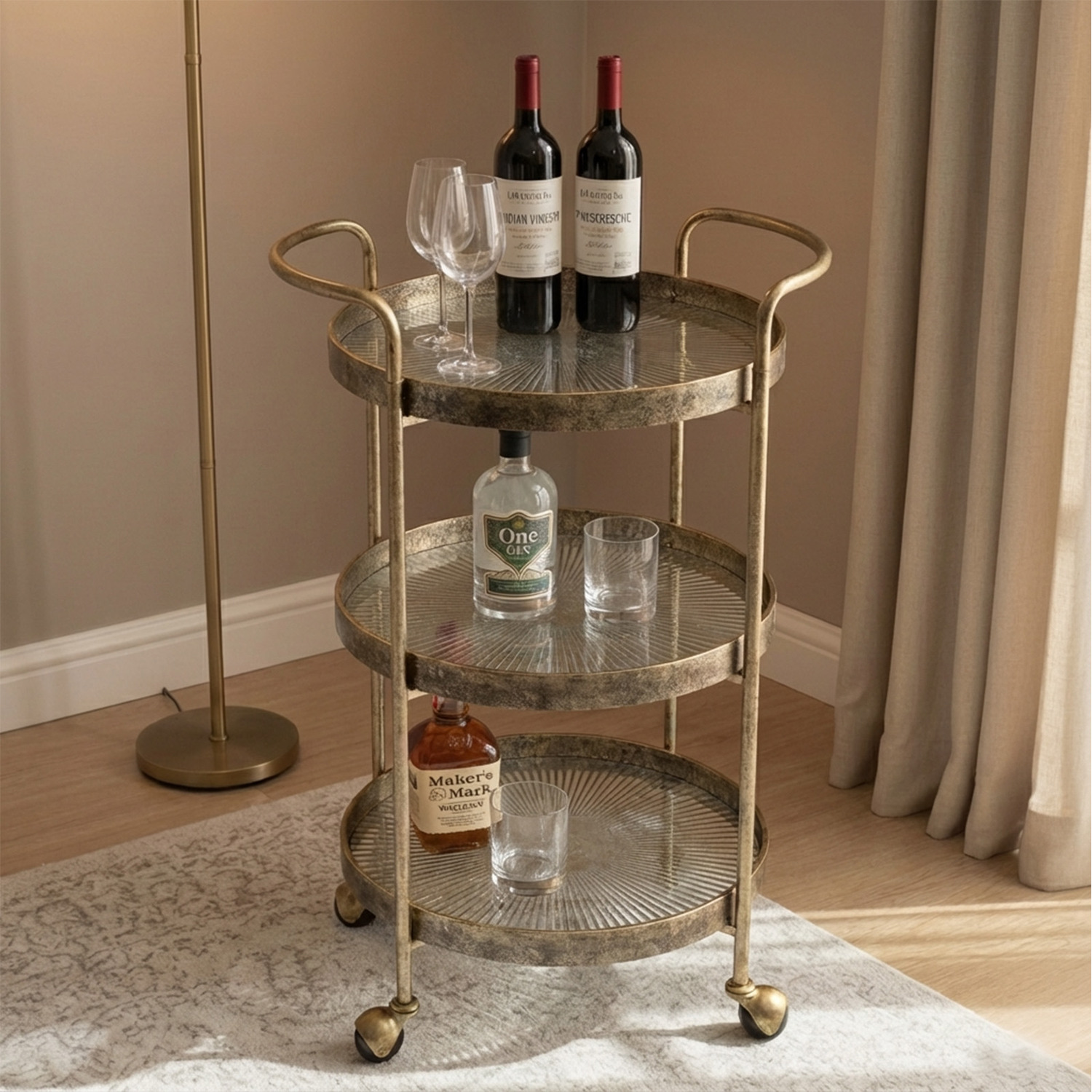 Gold Rustic 3 Tier Drinks Trolley - Gold