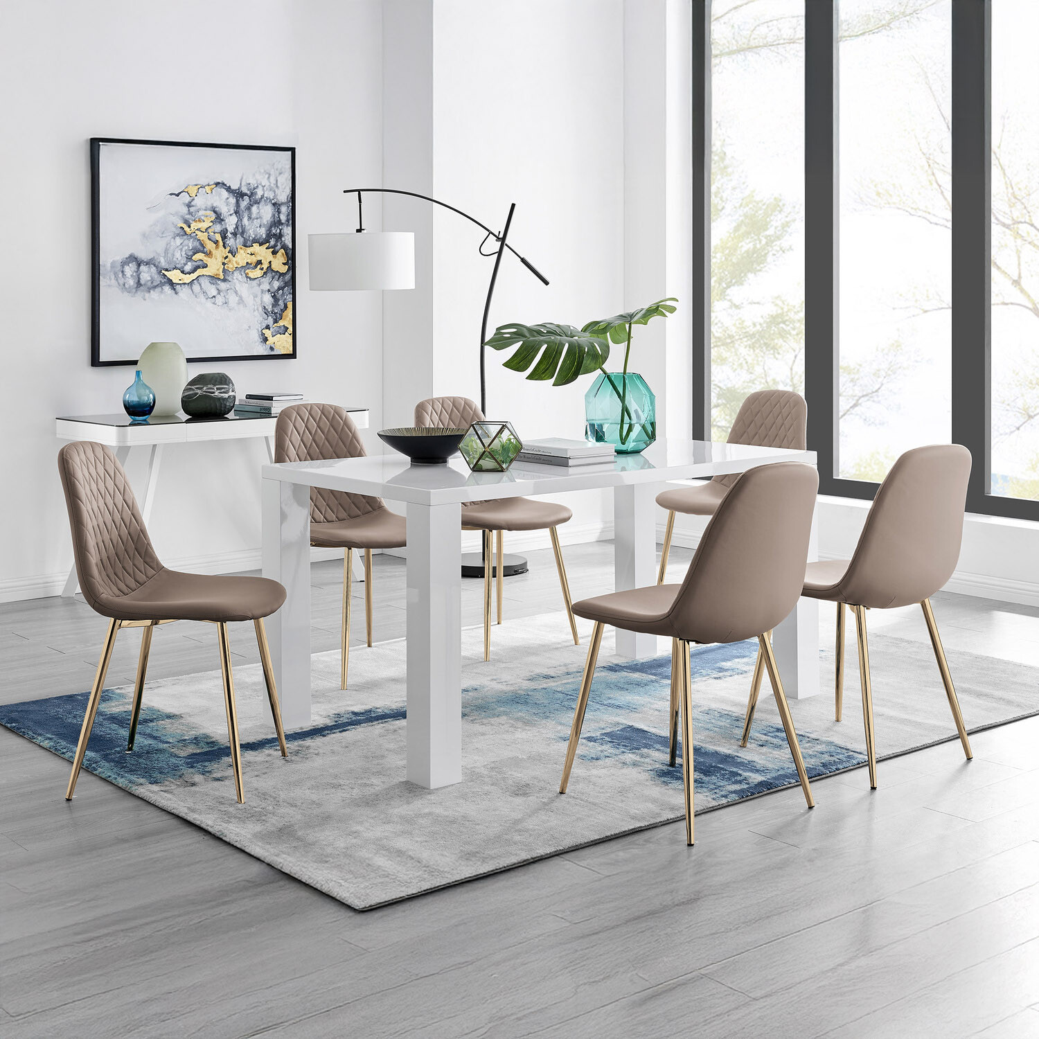 Furnitureboxuk Pivero White High Gloss Dining Table And 6 Corona Gold Chairs - Cappuccino