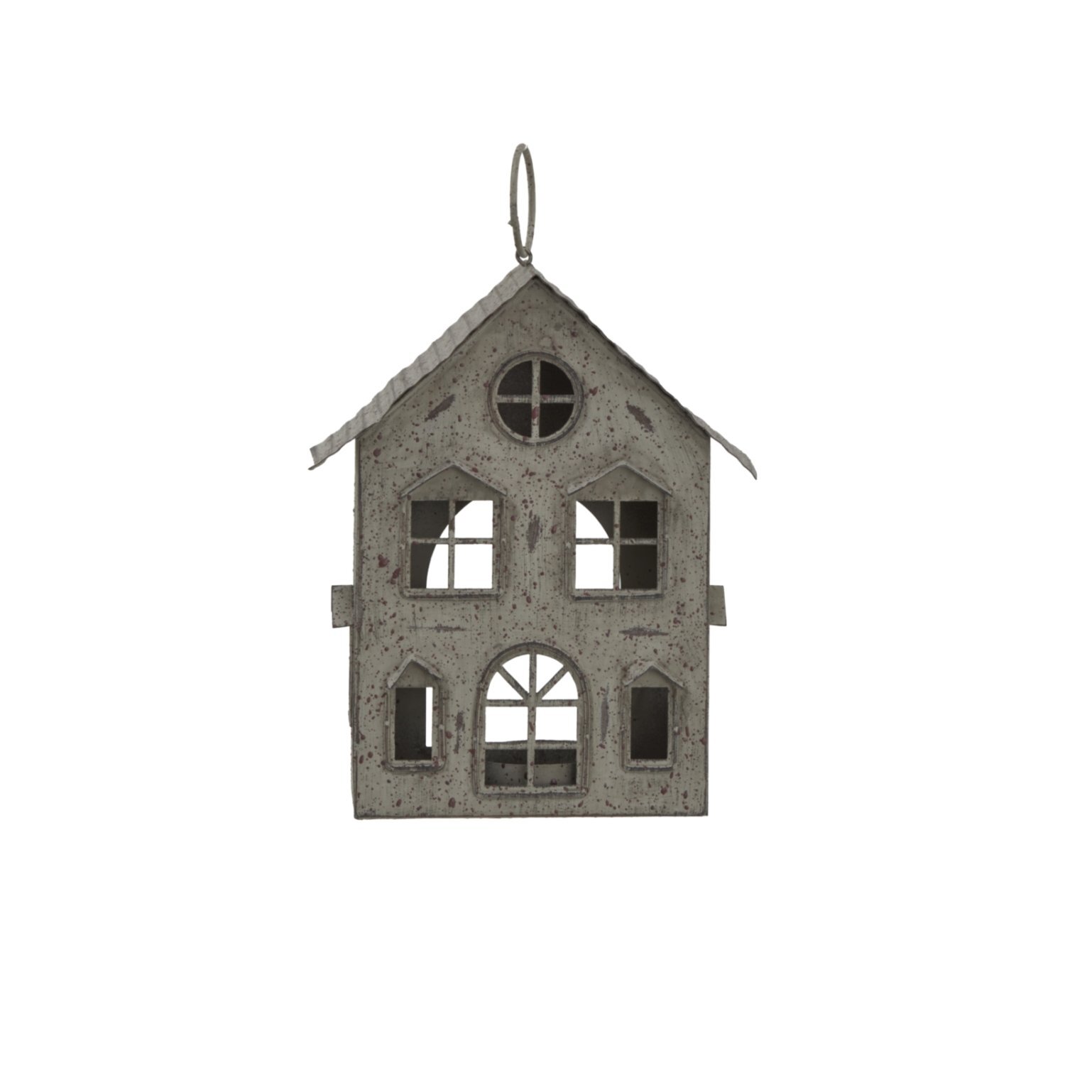 Rustic Metal Hanging House Tealight Holder with Glass Votive - Grey