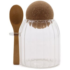 Small Cottage Bamboo Glass Jar Ribbed with Spoon for Spices Condiments