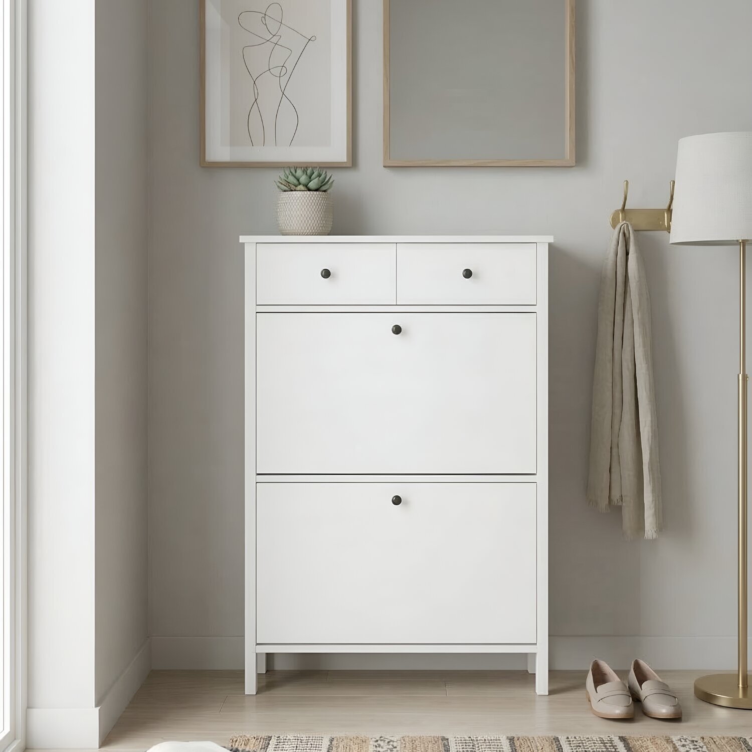 Kira White Shoe Storage Cabinet - Slim Wooden Shoe Rack For Hallway - Classic White