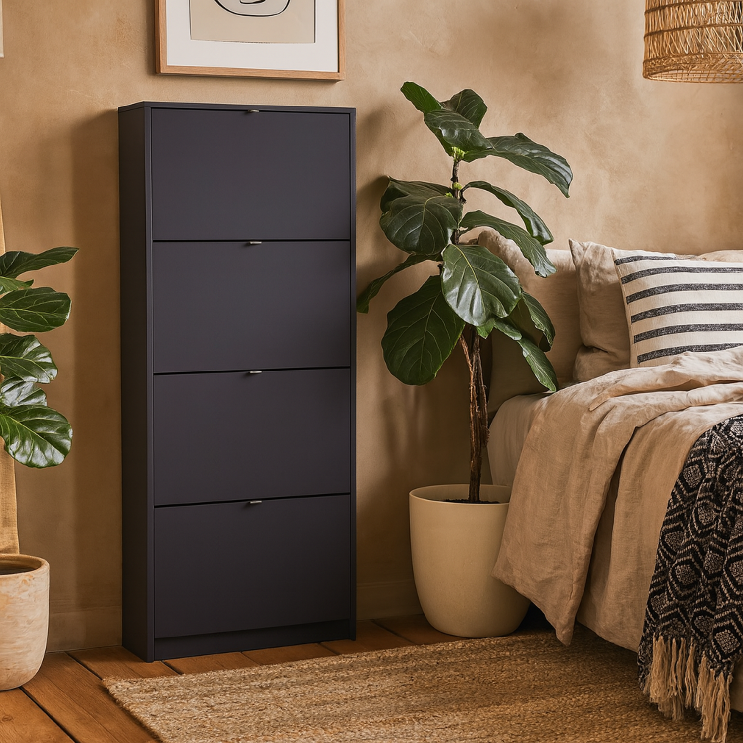 Prague Matt Slim Shoe Cabinet 4 Flip Front Doors - Black