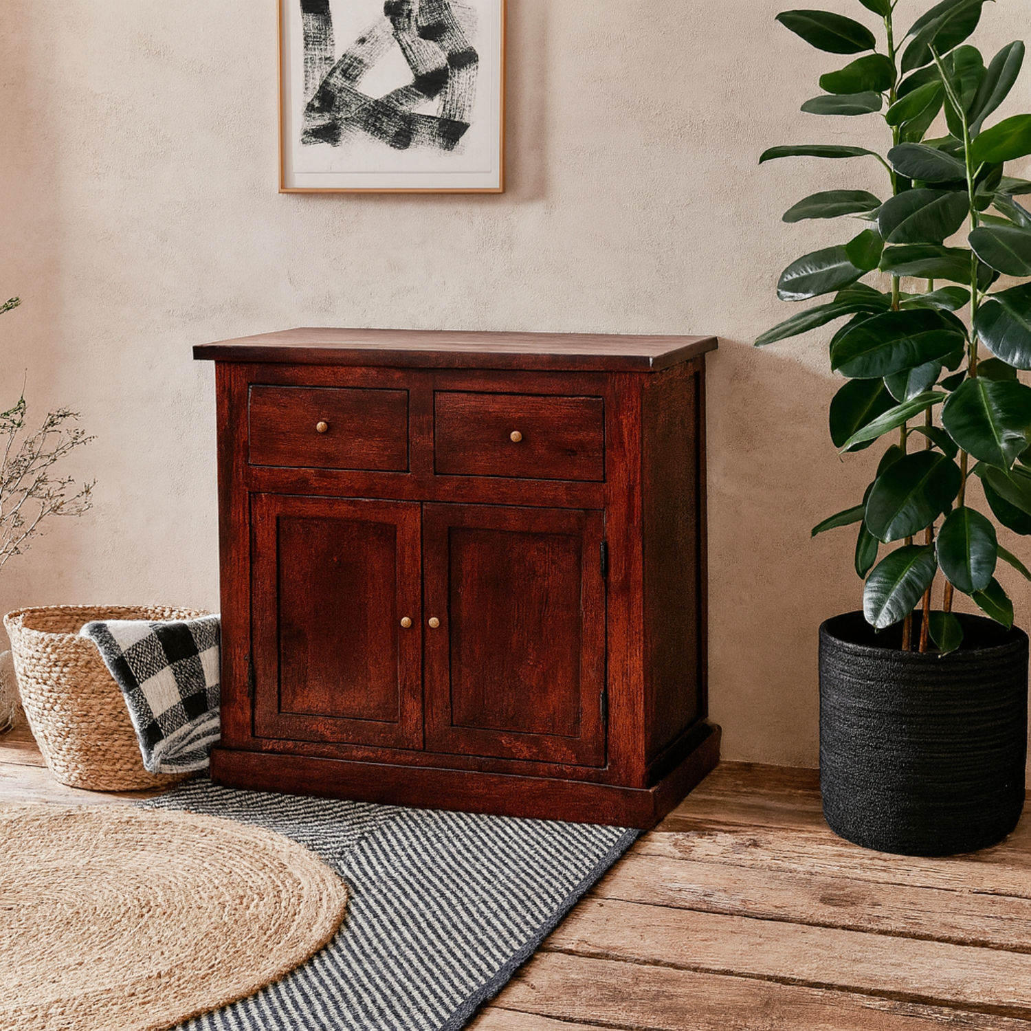 Oxford Mahogany Mango Wood Storage Cabinet 2 Drawers 2 Doors - Brown