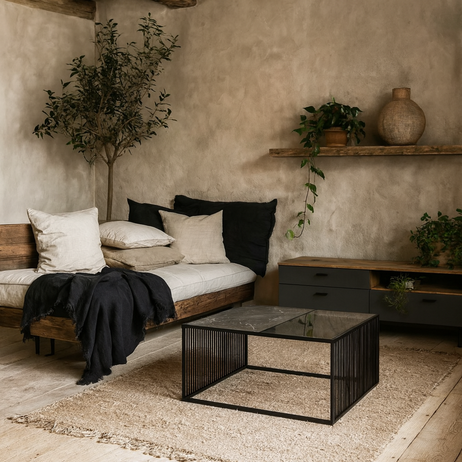 Porto Square Coffee Table Metal Frame Stone Effect Glass Top - Black