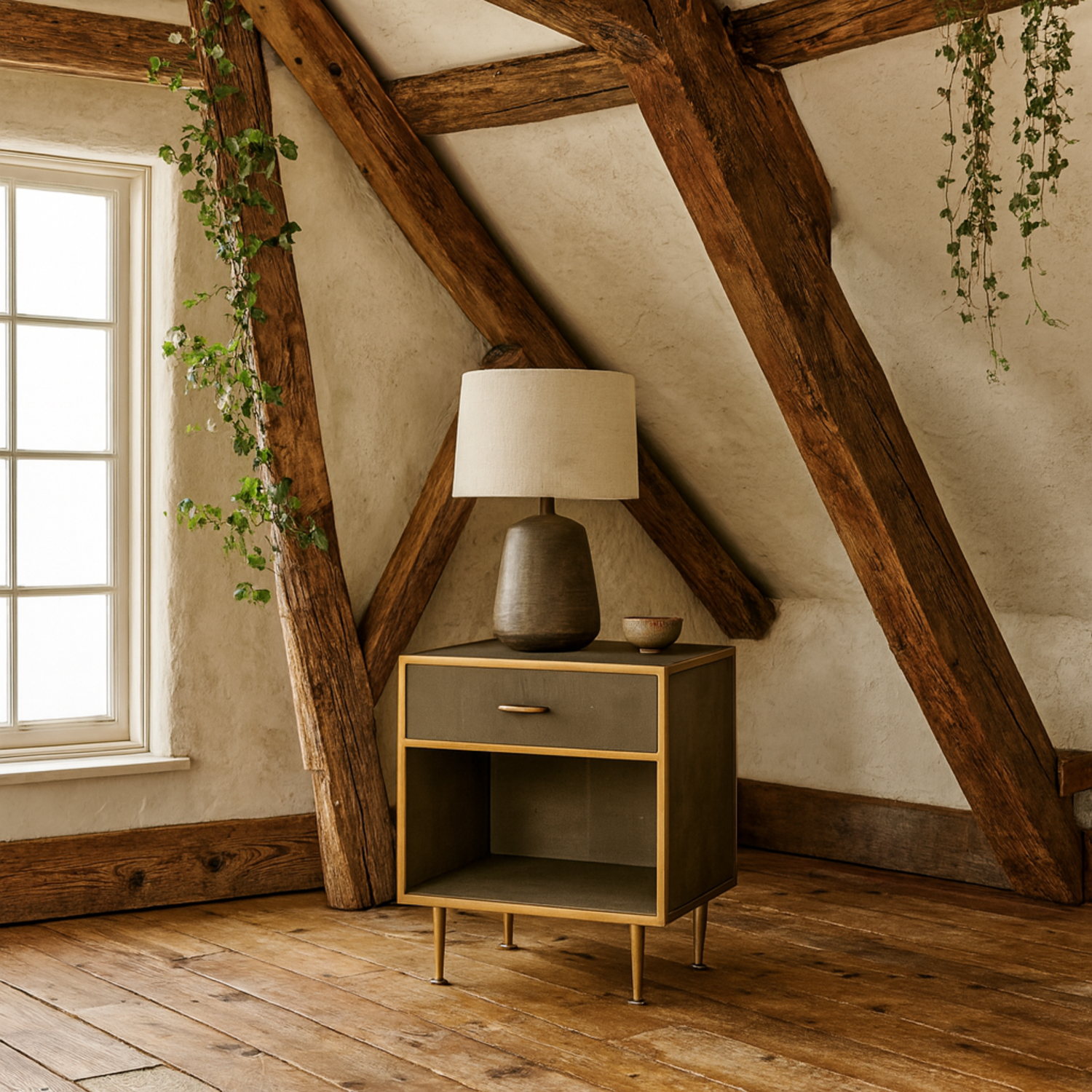 Verona Taupe Shagreen Bedside Table with Brushed Gold Trim - Taupe