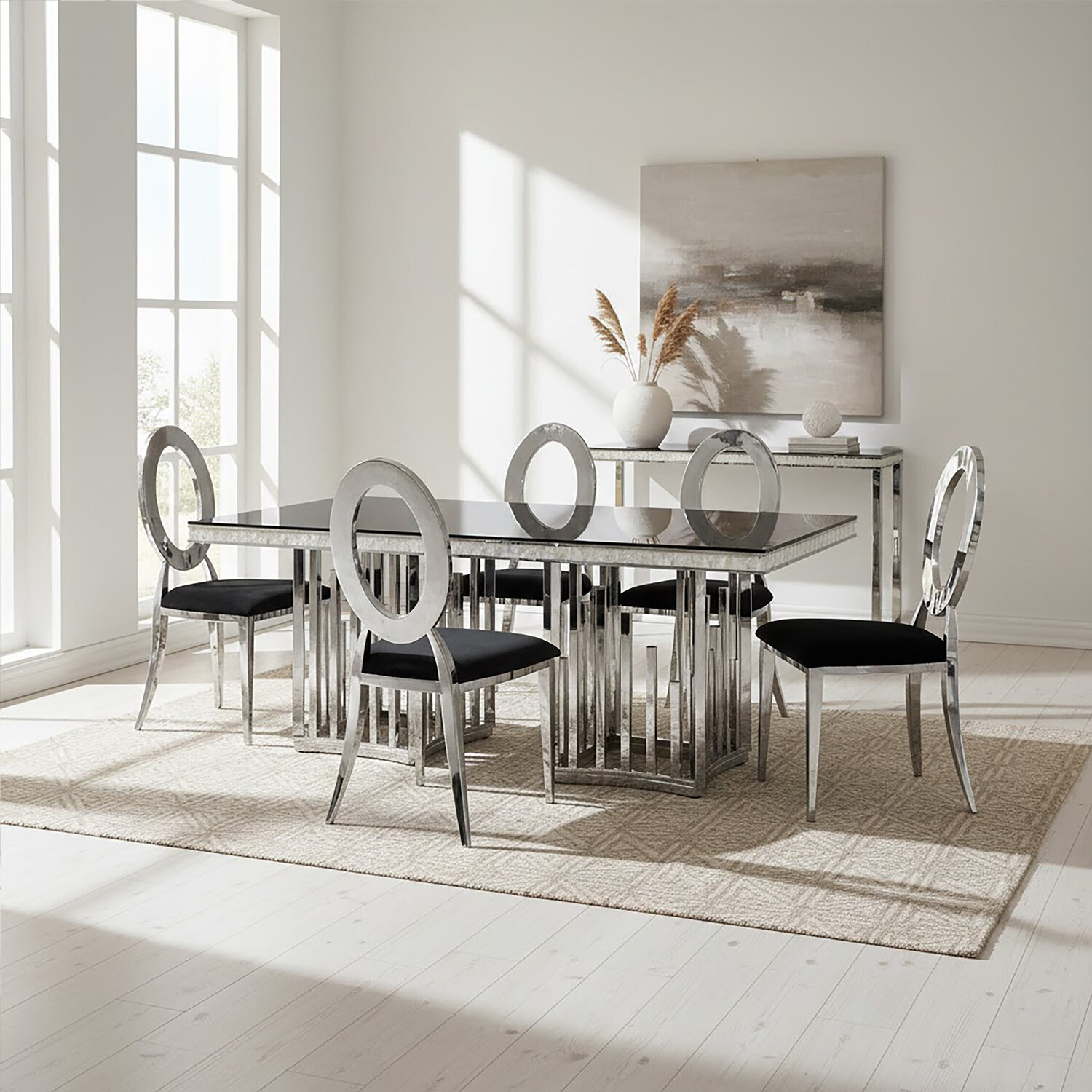 Eliza Silver Finish Dining Table With Black Glass Top - Silver