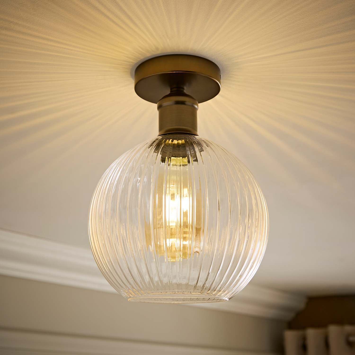 Valuelights Maddison Clear Ribbed Glass Globe Shades Flush Ceiling Light - Brushed Brass / 1
