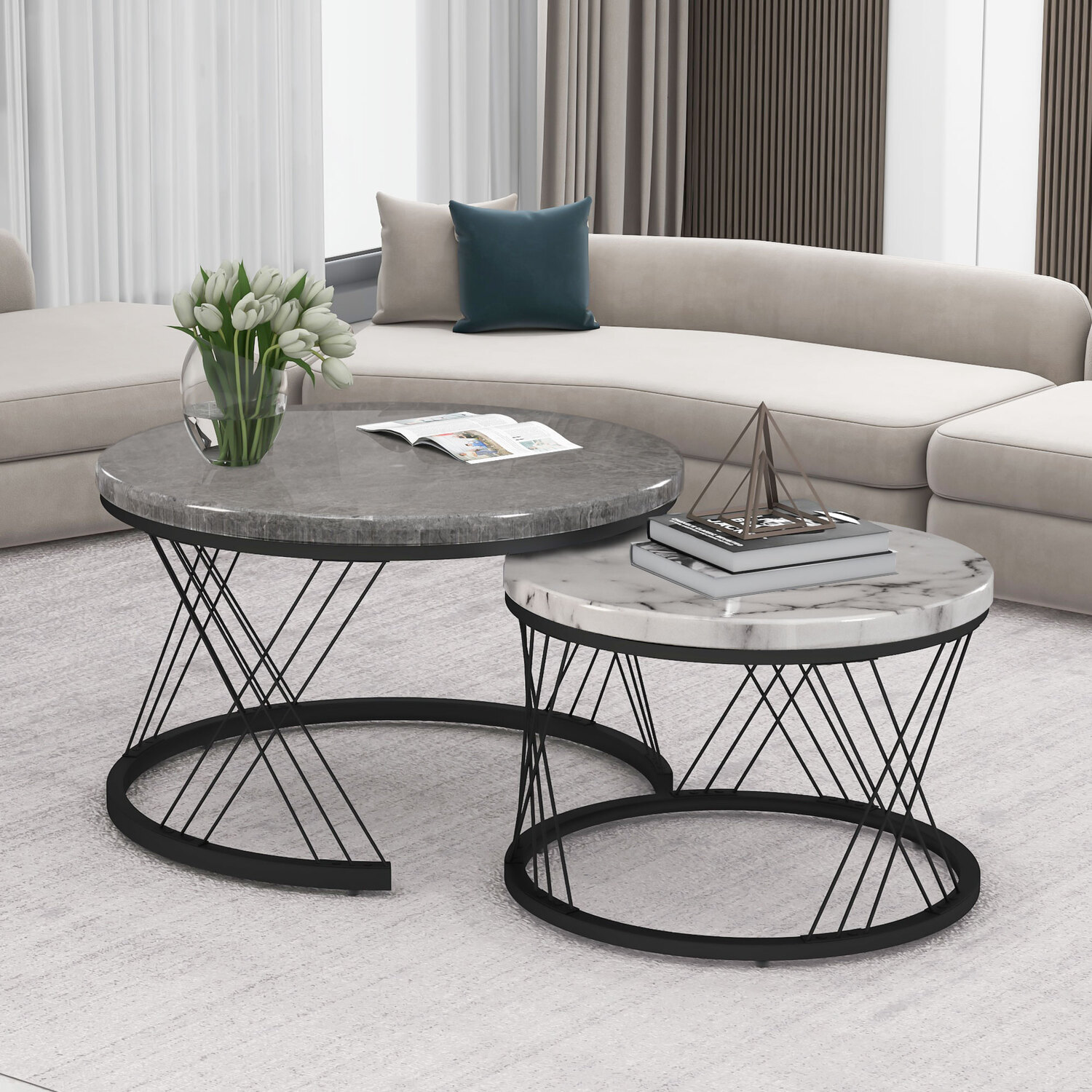 Set of 2 Modern Marble Design Round Coffee Table Side Table
