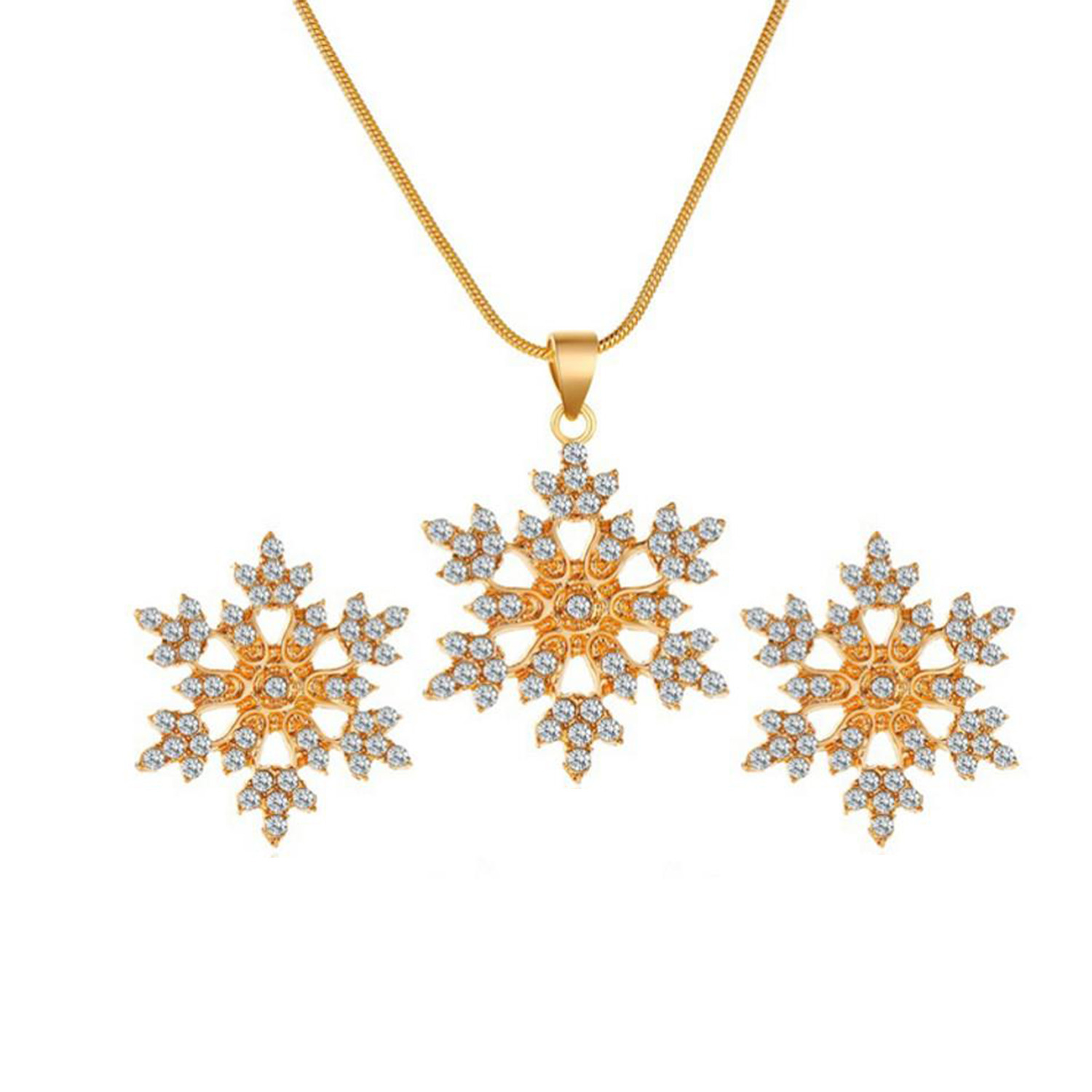 Christmas Snowflake Necklace and Earrings Set - Gold