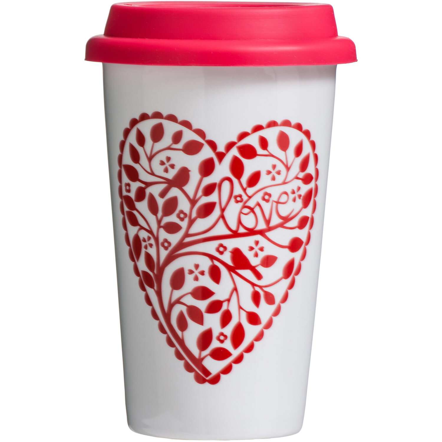 Taza Heart Design Ceramic Reusable Mug with Silicone Lid - White, Red